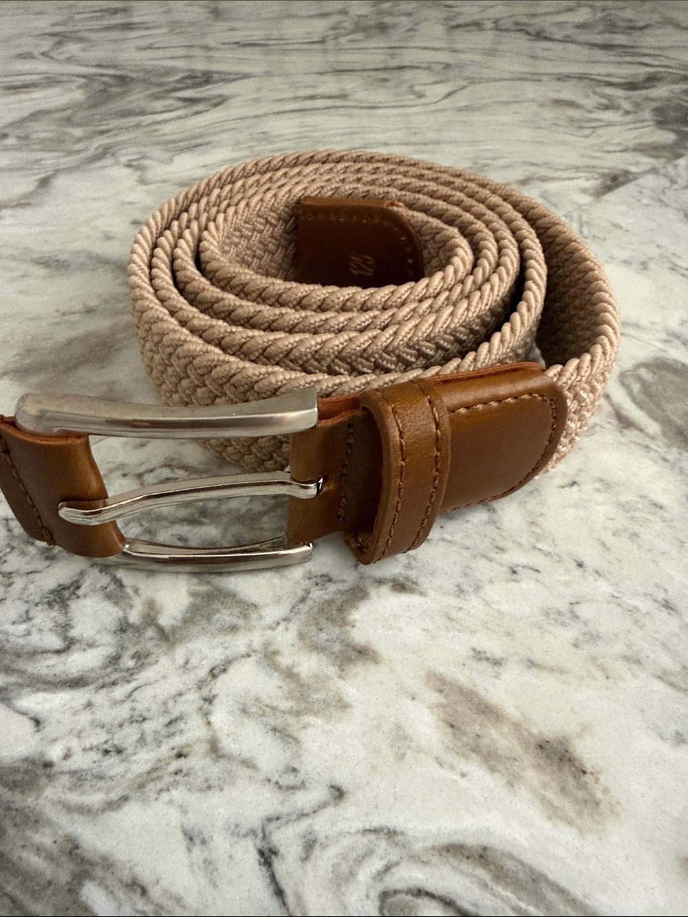 Polo by Ralph Lauren Beige Woven Stretch Belt with Brown Leather Trim